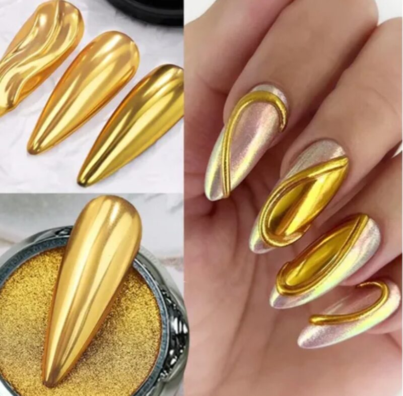 Polvo Efecto Cromado Dorado Uñas Nails